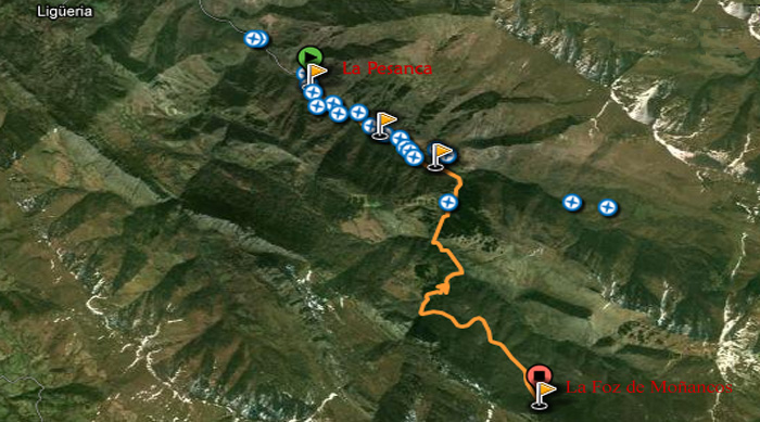 Captura de pantalla de la ruta desde la Pesanca a la Foz de Moñacos